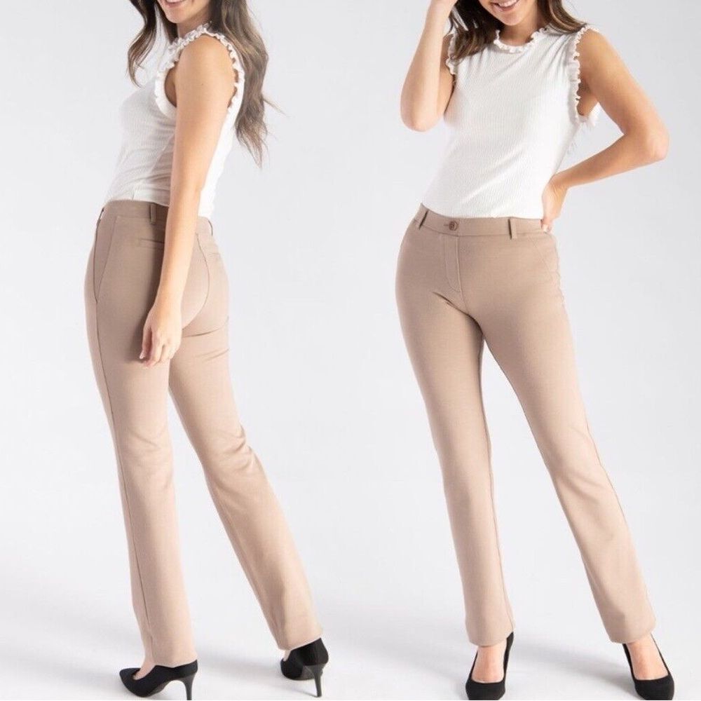 Betabrand Straight-Leg Classic Dress Pant Yoga Pant Tan Twill Knit Size Large